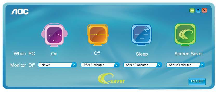 e-saver 歡迎使用 AOC e-saver 顯示器電源管理軟體! AOC e-saver 具備 智慧關機 功能, 讓顯示器在任何電腦狀態下 ( 開啟 關閉 睡眠或螢幕保護 ) 都可適時關機, 實際關機時間視您的設定而異 ( 請參考下列範例 ) 請按一下 driver/e-saver/setup.