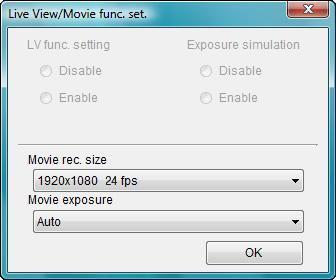 設定短片記錄大小 短片拍攝模式等時, 設定前按一下 [ 即時顯示 / 短片功能設定 (Live View/Movie func. set.