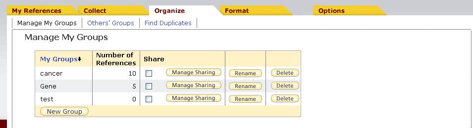 管理 EndNote Web 中的參考文獻 建立群組與分享群組中的參考文獻 1. 點選 Organize Manage My Groups 2. 點選 New Group 可建立新的群組 3.