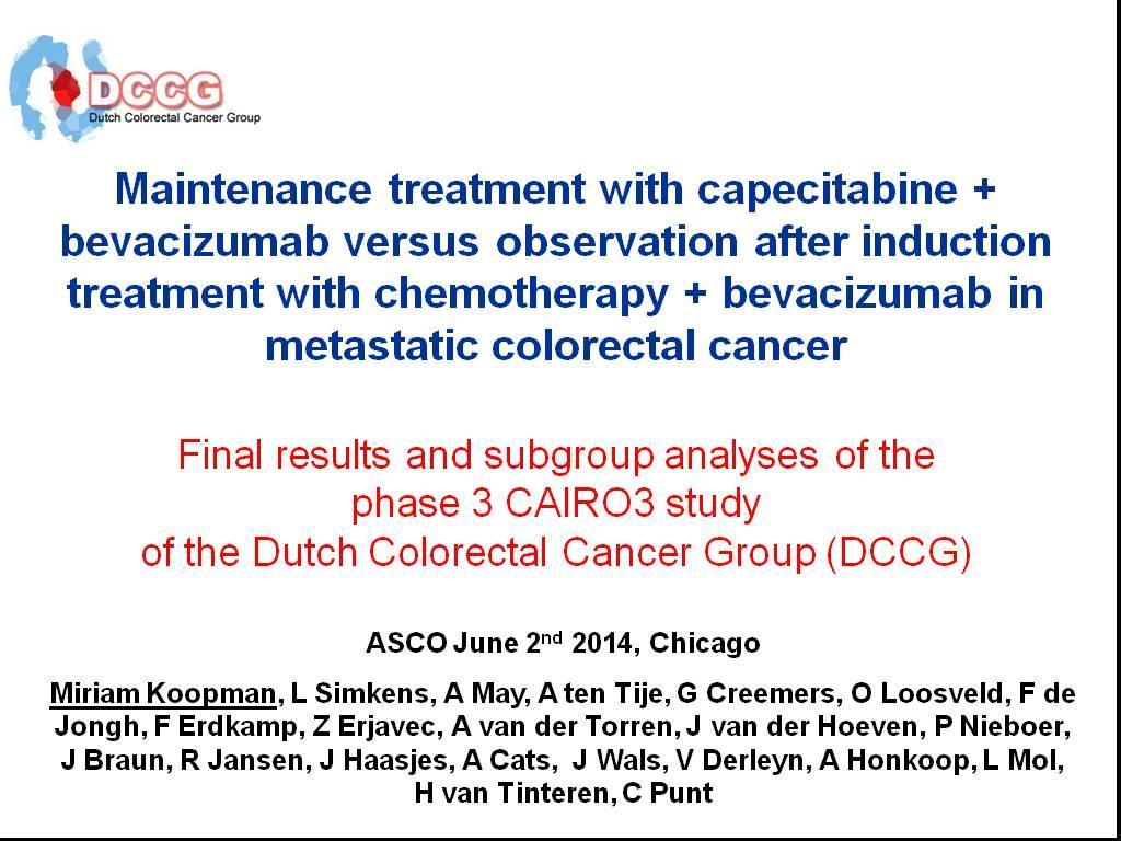 mcrc 一线 CapeOX 诱导化疗后 Cape/Bev 维持对比单纯观察的研究 <br />Maintenance treatment with capecitabine + bevacizumab versus observation after induction treatment with chemotherapy + bevacizumab in <br />metastatic
