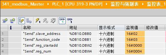 4 首先将硬件配置和程序下载到 CPU315-2PN/DP 中, 时钟脉冲信号 M0.5 从 0 跳变成 1 时,CP341 将数据发送出去 图 3-20 ET200S 的 03 功能码发送数据 5 M20.