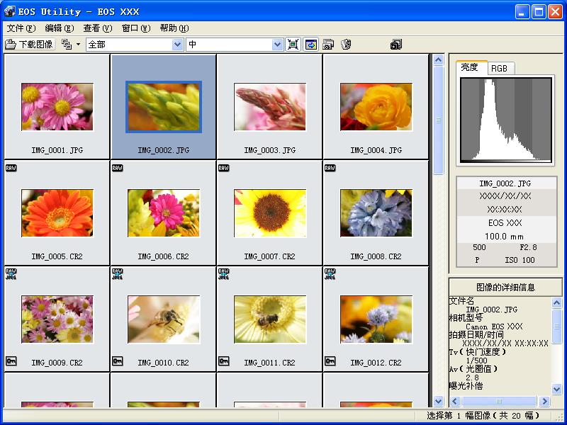 下载选择的图像 可以显示保存在相机存储卡中的图像, 选择需要的图像并将其下载到计算机 使用第三方读卡器下载图像时, 可以按照相同的步骤操作 ( 第 -9 页 ) 单击 [ 允许选择和下载图像 ] 按钮 出现图像下载窗口, 并显示存储卡中的图 像 可以选择窗口中要显示的图像文件夹 可以根据条件选择图像 将图像下载到计算机中 可以选择显示图像的大小 可以显示 / 隐藏图像边框 可以显示 /