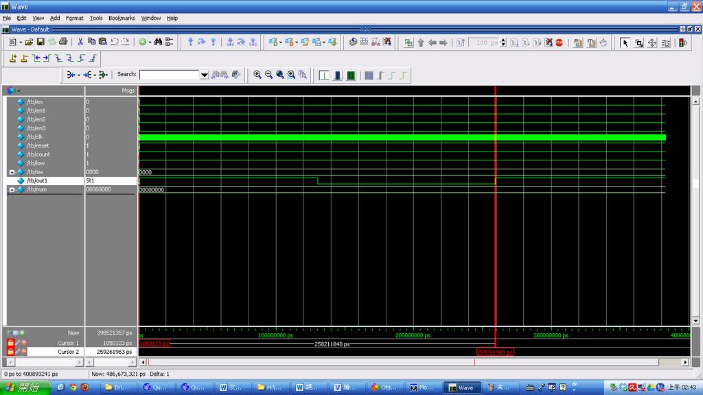 進行 Quartus Gate Level simulation, 如下 : 模擬顯示結果 : 電腦模擬方塊圖 : EN 三個 NOR 閘震盪 除頻器除 128k Hz 電腦模擬測試波形 頻率 :495.