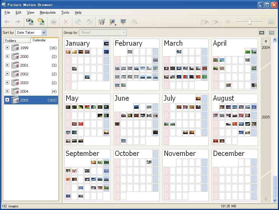 Viewed folders 中按拍摄日期排列在日历上的影像 1 单击 [Calendar] 选项卡 列出影像拍摄的年份