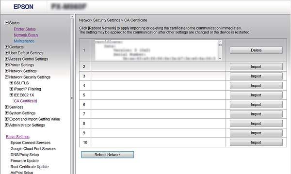 1. Web Config [Network Security Settings] > [CA Certificate] 2. CA Certificate [Delete] 3.