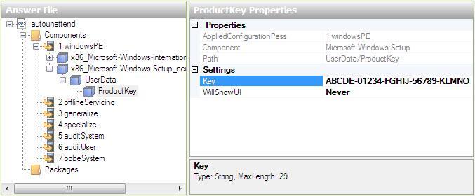 按一下 Key 右邊的框, 並輸入教師提供的 Windows Vista 產品金鑰 按一下 WillShowUI 右邊的框 >