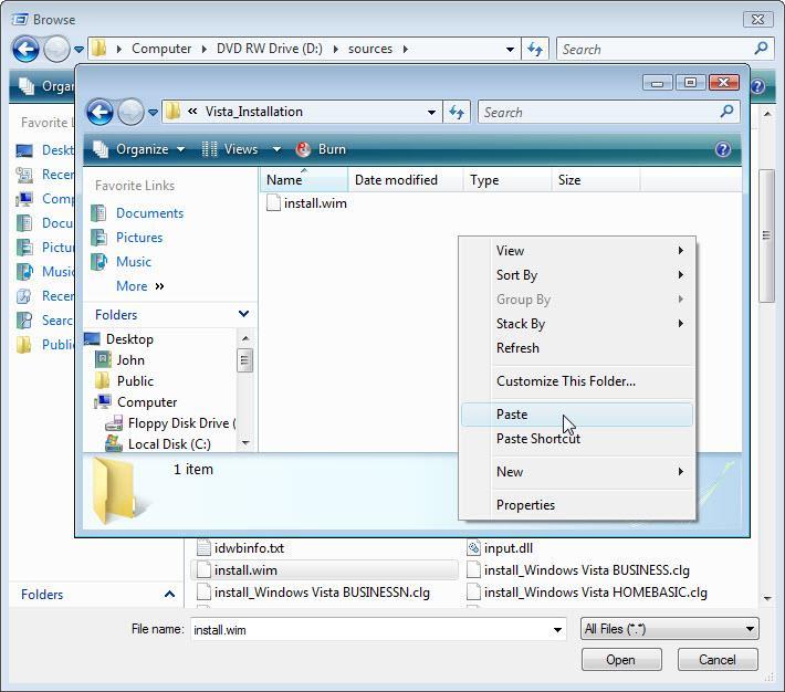步驟 3 在根目錄 C: 下新增一個名為 Vista_Installation 的資料夾 範例 :C:\Vista_Installation 在相應的光碟機中插入 Windows Vista 媒體 如果 安裝 Windows 視窗打開, 則將其關閉 導航至 install.