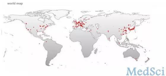 注 : 世界地图上的呈现 ( 红点标记 ),