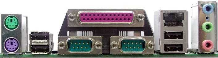 彩色背板 彩色背板上包含了 PS/2 鍵盤 PS/2 滑鼠 序列埠 COM1 及 COM2 RJ-45 區域網路接頭 印表機埠 USB 萬用埠 AC97 音效 插孔等 請參考下圖 : PS/2 滑鼠連接埠 SPP/EPP/ECP 並列埠 ( 印表機埠 ) RJ45 區域網路連接埠 ( 僅限 AK77-400N & AK77-400 Max) 外部音源輸入 喇叭音源輸出 麥克風輸入 PS/2