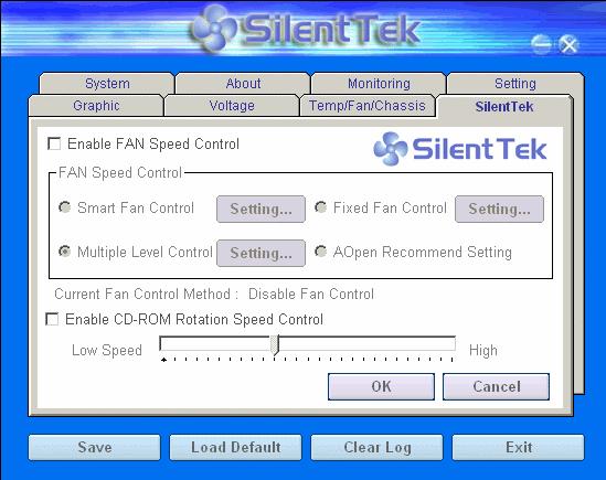 接下來的 SilentPC 這一頁可說是整個軟體最重要的部份了, 您可以透過這一頁的選項來控制各個風扇的轉速, 分別說明如下 : 1.