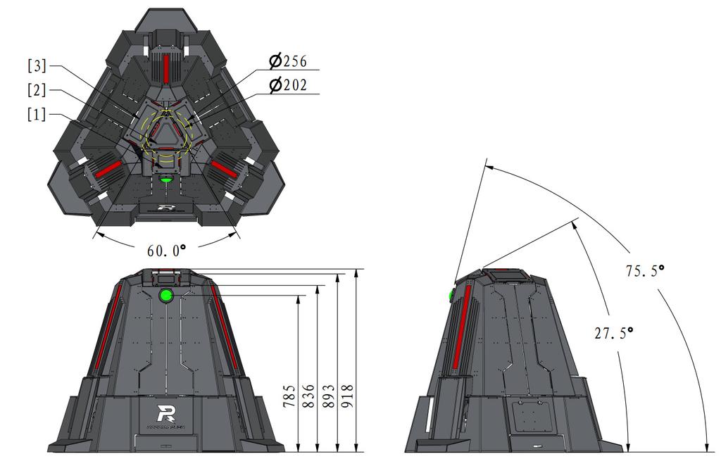 [1] 飞镖检测模块 [2] 三角装甲模块 [3] 大装甲模块 图 2-8 基地护甲闭合形态尺寸图 图 2-9