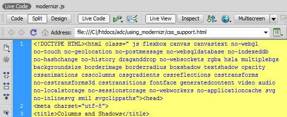 6. 保存 support_css.html 并在 Document 工具栏中单击 Live Code 按钮 目前 <html> 标签 已经加入了超过 40 个类的名称, 这些名称能够表明 WebKit 浏览器引擎中 Dreamweaver 的内置版本 的功能 ( 参见图 4) 图 4.