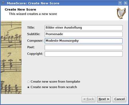 输入标题, 作者或其它上面显示的信息, 注意界面下方的两个选项 : 从模板建立新乐谱 从头做起建立新乐谱