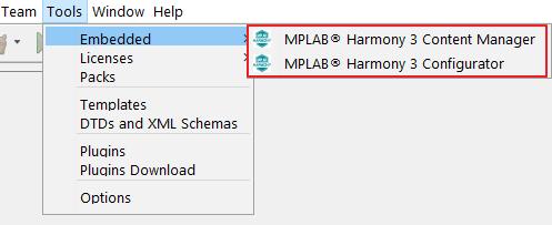 5. MPLAB X IDE 重启后, 从 Tools 菜单里的 Embedded 选项里会出现如下菜单 说明 MPLAB Harmony 3 Launcher 已经安装成功! 如需离线安装 MPLAB Harmony 3 Launcher, 可以从 GitHub 获得离线安装版本 (com-microchip-mplab-modules-mh3.nbm): https://github.