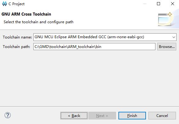 2 GOWIN MCU Designer 2.2 工程模板 选择编译工具链和路径 选择交叉编译工具链 arm-none-eabi-gcc 及其所在路径, 建议默认配置 Toolchain name 和 Toolchain path, 如图 2-3 所示 图 2-3 选择编译工具链和路径 2.2.2 配置选项 建立项目工程 完成工程创建后, 在 Project Explorer
