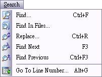3 Search ( 搜索 ) Find ( 查找 ) / Find In Files ( 在文件中查找 ) / Replace ( 代替 ) / Find Next (