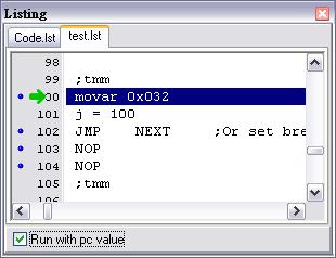 在调试模式下, 使 PC 窗口和 Listing 窗口随着 pc 值运作