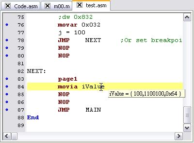 b) 显示变量值 可以查看任何点的变量值 当用户调试时, 可以用鼠标指向任何变量以显示它的当前数值 c)