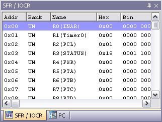 5.1.2 SFR / IOCR 单击 SFR / IOCR 将以十进制 十六进制 二进制的方式来显示所有特殊功能寄存器与 I/O