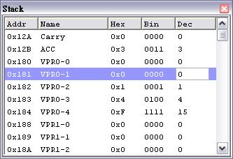 Write SRAM 在调试模式下, 用户可以直接写入一个值到 SRAM 在 Stack 窗口 ( 或 SFR GPR