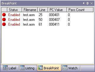 5.1.7 Breakpoint 单击 Breakpoint 可显示在程序中已被设定的断点列表 在窗口中单击鼠标右键将在弹出的菜单中依次显示断点的状态 a) Enabled: 开启断点功能 b) Properties: