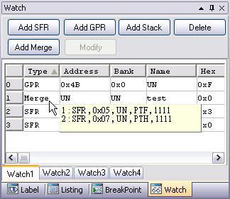 让用户合并两个或更多的 SRAM, 按下 Add SFR Add GPR 或 Add Stack 新建 SRAM 项目到 List box ( 列表框 ), 按下 Delet e ( 删除 ) 从 List