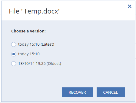 2. 在 显 示 的 窗 口 中, 选 择 所 需 的 版 本, 然 后 单 击 恢 复 3. 选 择 要 回 滚 至 的 版 本 将 显 示 版 本 的 准 确 日 期 和 时 间 您 的 当 前 版 本 将 恢 复 到 它 在 该 时 间 点 时 的 状 态 4. 单 击 恢 复 以 继 续 选 定 的 版 本 将 成 为 Acronis Cloud 上 的 最 新 版 本 5.