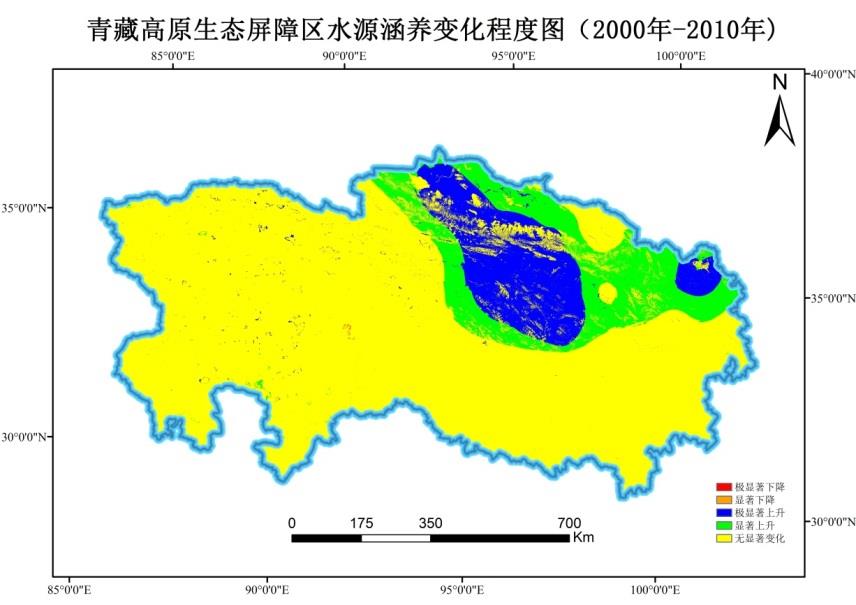 第 一 篇 规 划 评 估 与 十 三 五 展 望 2000-2010 年 水 源 涵 养 量 年 平 均 值 呈 上 升 趋 势 图 8 青 藏 高 原 生 态 屏 障 区 2000-2010 年 水 源 涵 养 量 平 均 值 统 计 2000-2010 年 屏 障 区 大 部 分 区 域 (78.