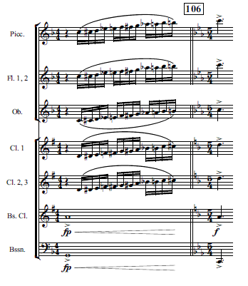 然 不 同 的 C 調 上 行 半 音 階, 在 第 2 拍 開 始 以 圓 滑 的 方 式 吹 奏, 而 低 音 聲 部 的 樂 器 則 是 全 音 符, 第 一 拍 做 出 fp 突 強 瞬 間 弱 下, 配 合 漸 強 記 號 再 做 漸 強, 如 :, 到 了 106 小 節 的 第 一 拍 轉 為 5/4 拍 子, 為 f 的 力 度 在 這 裡 的 拍 子 正 要 轉 回 第 二 樂