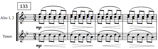 第 四 節 第 三 樂 段 第 三 樂 段 從 第 133 小 節 開 始, 速 度 為 Andante, 其 調 性 為 降 A 大 調 開 始, 與 前 一 樂 段 的 色 彩, 做 了 明 顯 的 變 換, 此 段 旋 律 出 現, 彷 彿 是 妹 妹 Helena 光 明 溫 順 的 人 物 性 格, 再 次 出 現 在 樂 曲 當 中 ( 再 現 樂 段 ), 其 旋 律 由 長 笛