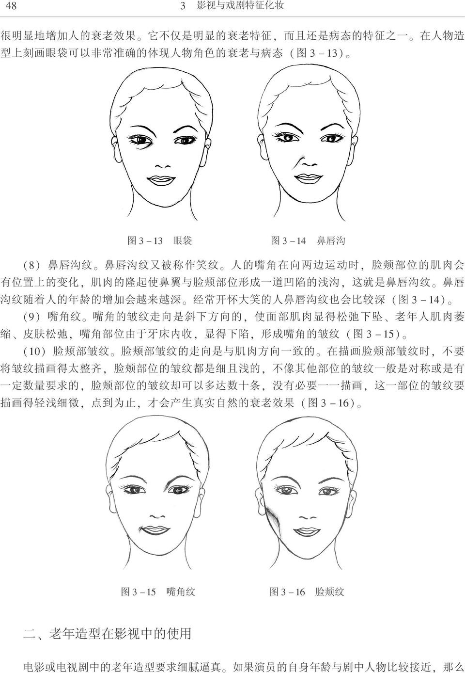 ( 图 3-14) (9) 嘴 角 纹 嘴 角 的 皱 纹 走 向 是 斜 下 方 向 的, 使 面 部 肌 肉 显 得 松 弛 下 坠 老 年 人 肌 肉 萎 缩 皮 肤 松 弛, 嘴 角 部 位 由 于 牙 床 内 收, 显 得 下 陷, 形 成 嘴 角 的 皱 纹 ( 图 3-15) (10) 脸 颊 部 皱 纹 脸 颊 部 皱 纹 的 走 向 是 与 肌 肉 方 向 一 致 的 在 描