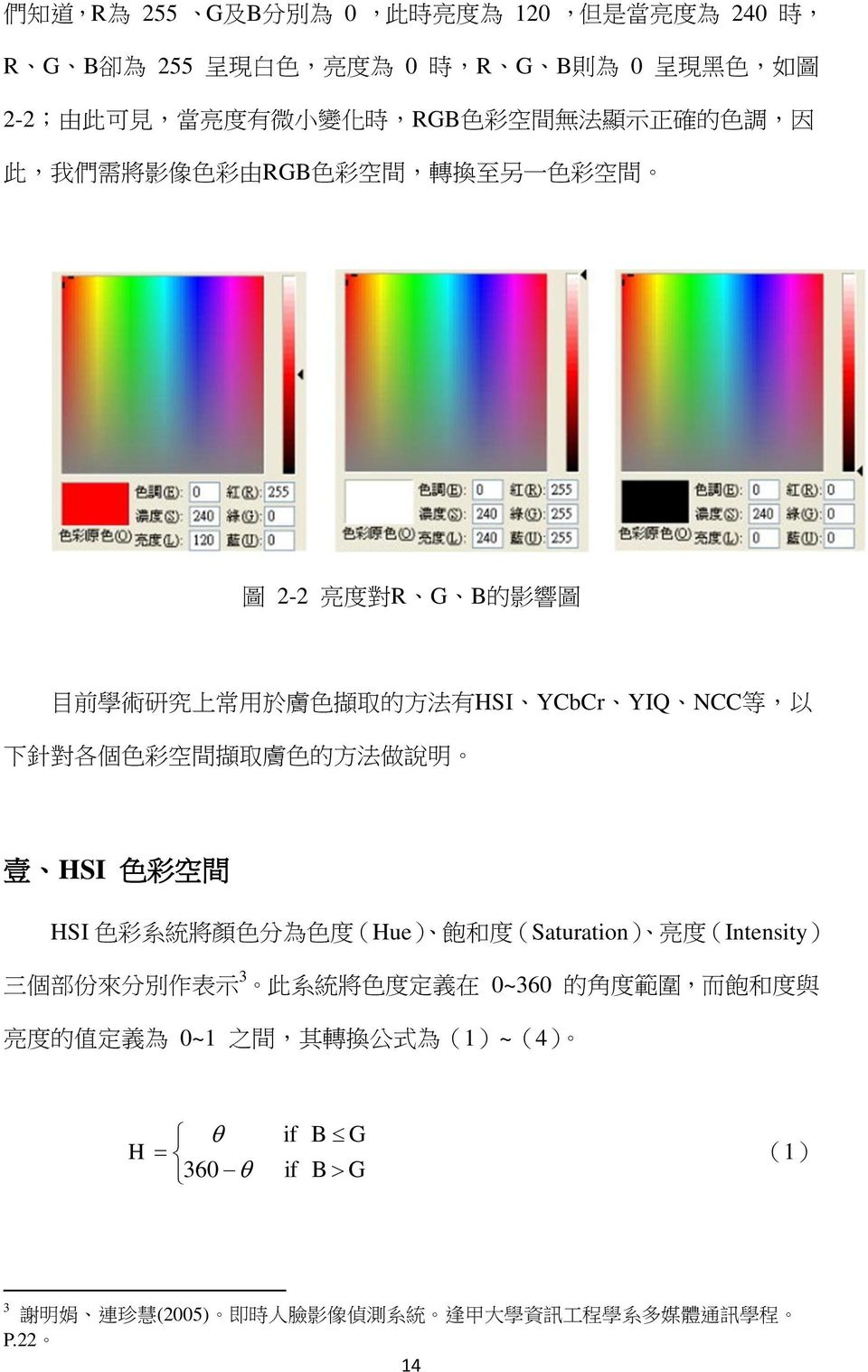 各 個 色 彩 空 間 擷 取 膚 色 的 方 法 做 說 明 壹 HSI 色 彩 空 間 HSI 色 彩 系 統 將 顏 色 分 為 色 度 (Hue) 飽 和 度 (Saturation) 亮 度 (Intensity) 三 個 部 份 來 分 別 作 表 示 3 此 系 統 將 色 度 定 義 在 0~360 的 角 度