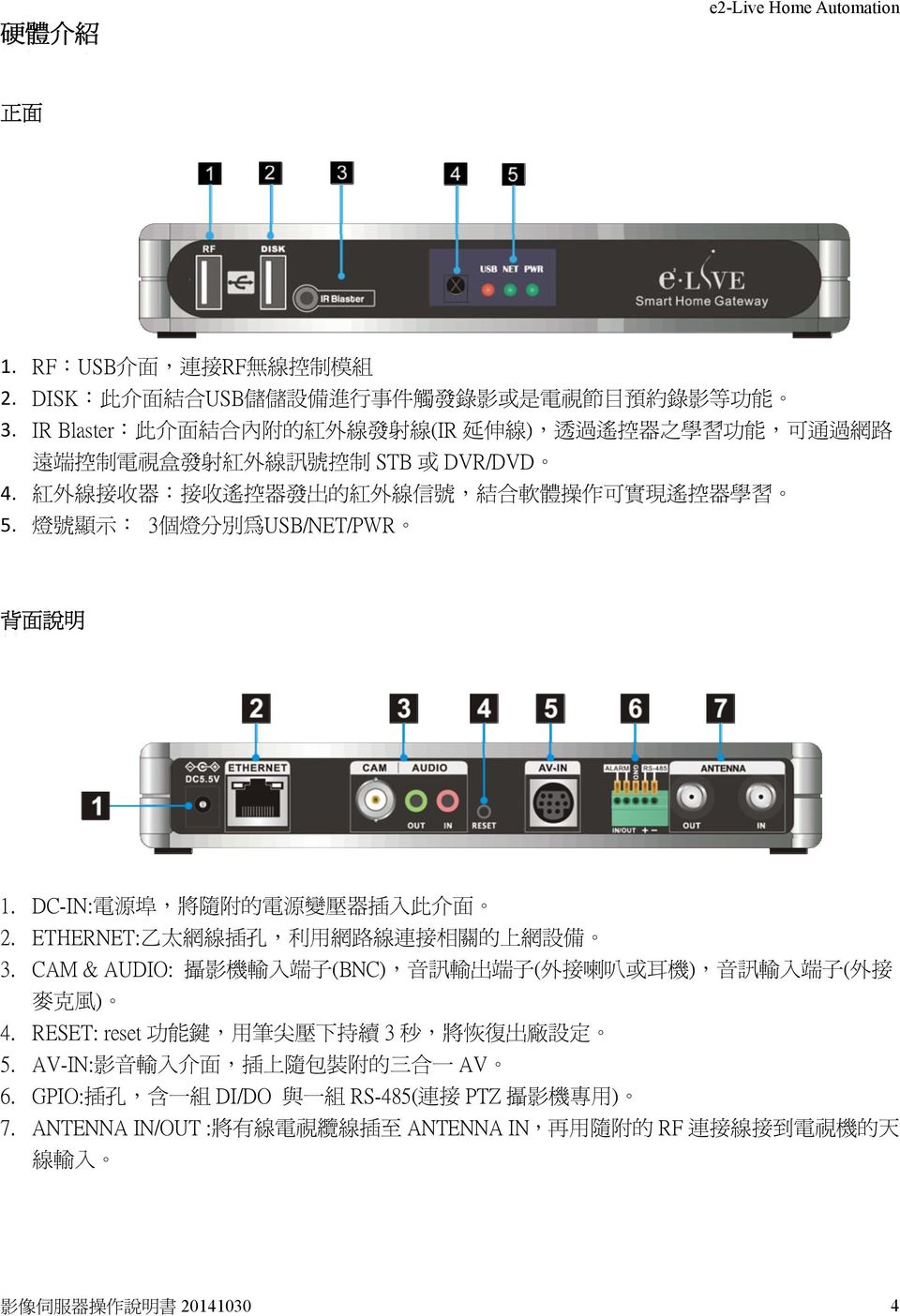 紅 外 線 接 收 器 : 接 收 遙 控 器 發 出 的 紅 外 線 信 號, 結 合 軟 體 操 作 可 實 現 遙 控 器 學 習 5. 燈 號 顯 示 : 3 個 燈 分 別 為 USB/NET/PWR 背 面 說 明 1. DC-IN: 電 源 埠, 將 隨 附 的 電 源 變 壓 器 插 入 此 介 面 2.