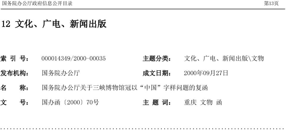期 : 2000 年 09 月 27 日 名 称 : 国 务 院 办 公 厅 关 于 三 峡 博 物 馆 冠 以