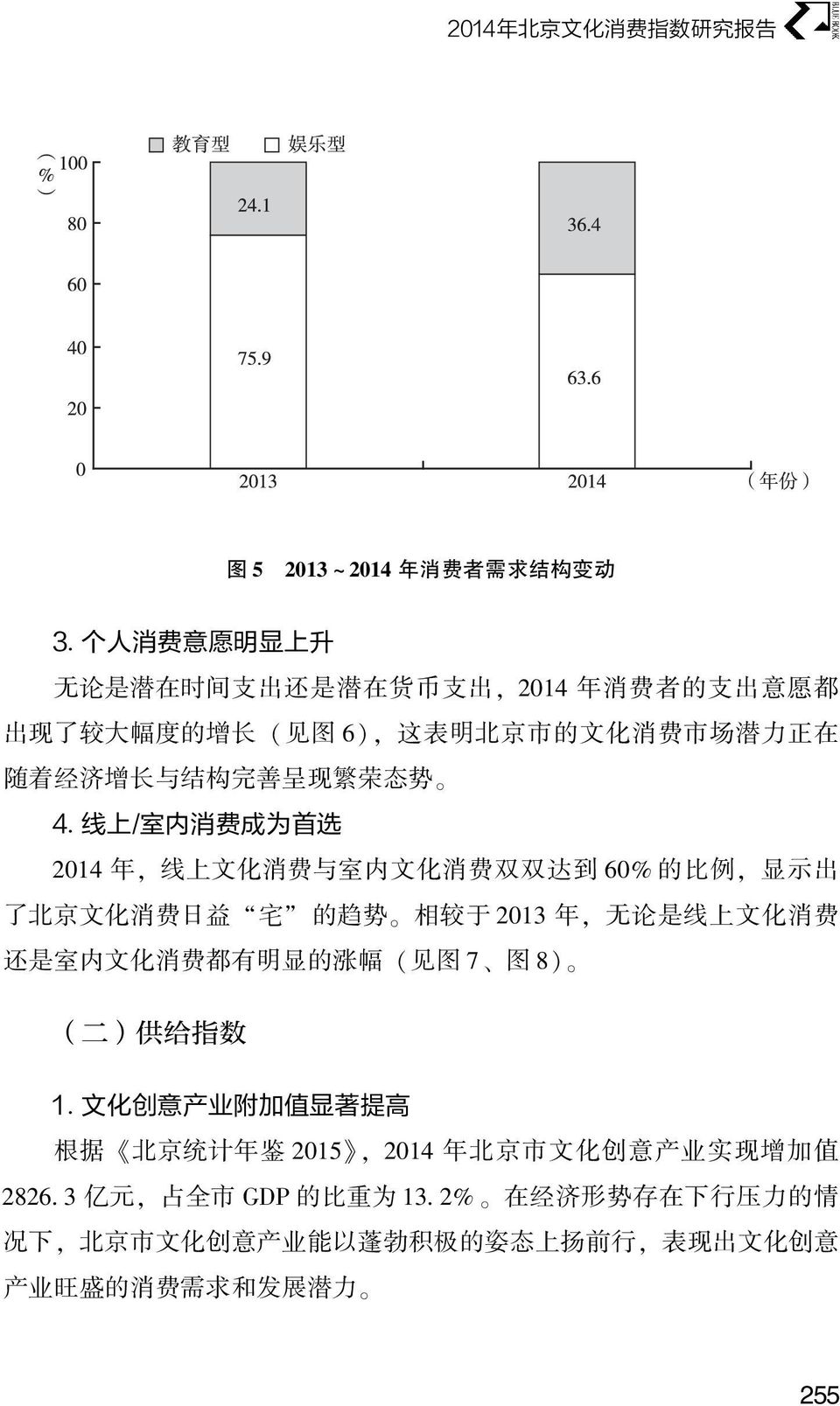 费 日 益 宅 的 趋 势 相 较 于 2013 年, 无 论 是 线 上 文 化 消 费 还 是 室 内 文 化 消 费 都 有 明 显 的 涨 幅 ( 见 图 7 图 8) ( 二 ) 供 给 指 数 1 文 化 创 意 产 业 附 加 值 显 著 提 高 根 据 北 京 统 计 年 鉴 2015, 2014 年 北 京 市 文 化 创