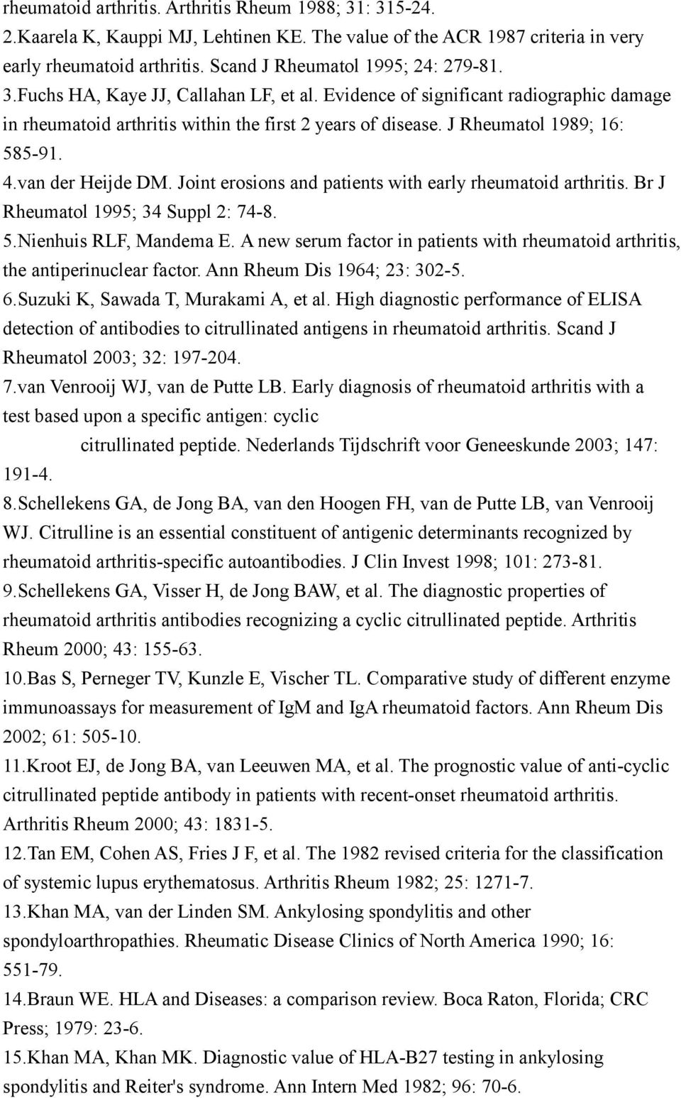 Joint erosions and patients with early rheumatoid arthritis. Br J Rheumatol 1995; 34 Suppl 2: 74-8. 5.Nienhuis RLF, Mandema E.