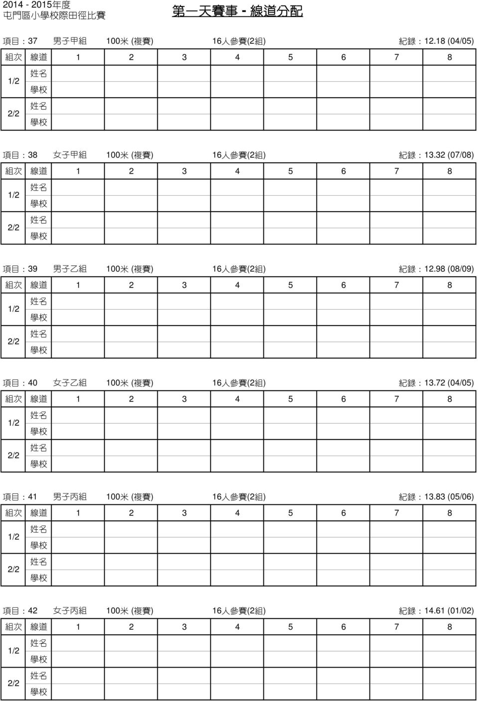 32 (07/08) 1/2 2/2 項 目 :39 男 子 乙 組 100 米 ( 複 賽 ) 16 人 參 賽 (2 組 ) 紀 錄 :12.