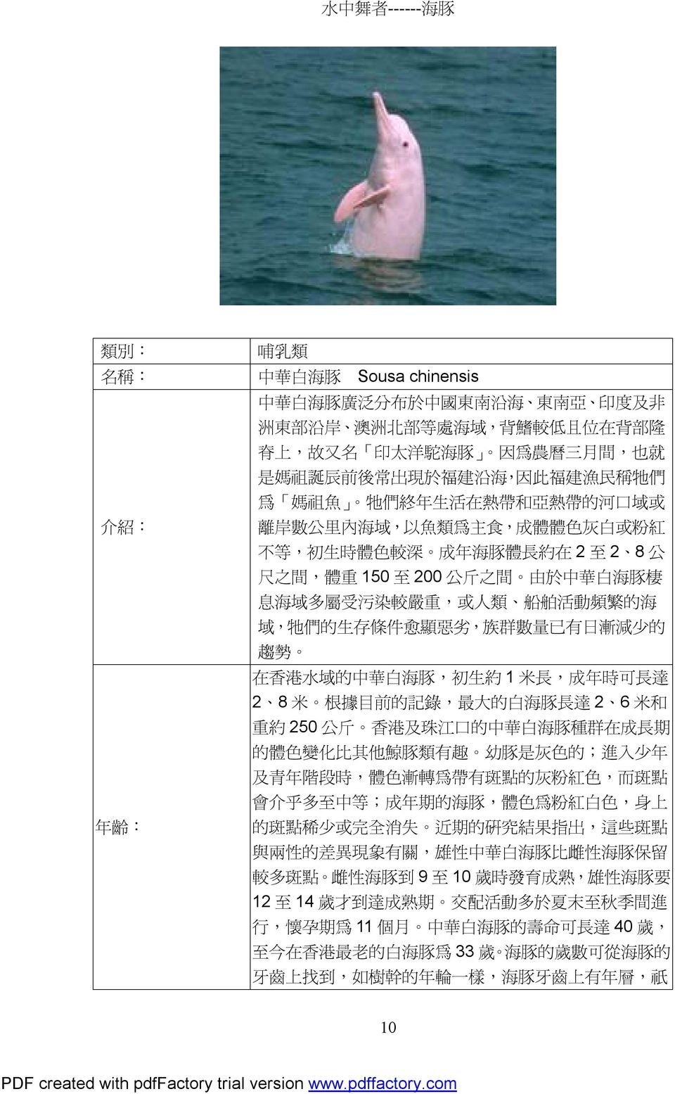 公 斤 之 間 由 於 中 華 白 海 豚 棲 息 海 域 多 屬 受 污 染 較 嚴 重, 或 人 類 船 舶 活 動 頻 繁 的 海 域, 牠 們 的 生 存 條 件 愈 顯 惡 劣, 族 群 數 量 已 有 日 漸 減 少 的 趨 勢 在 香 港 水 域 的 中 華 白 海 豚, 初 生 約 1 米 長, 成 年 時 可 長 達 2 8 米 根 據 目 前 的 記 錄, 最 大 的 白 海