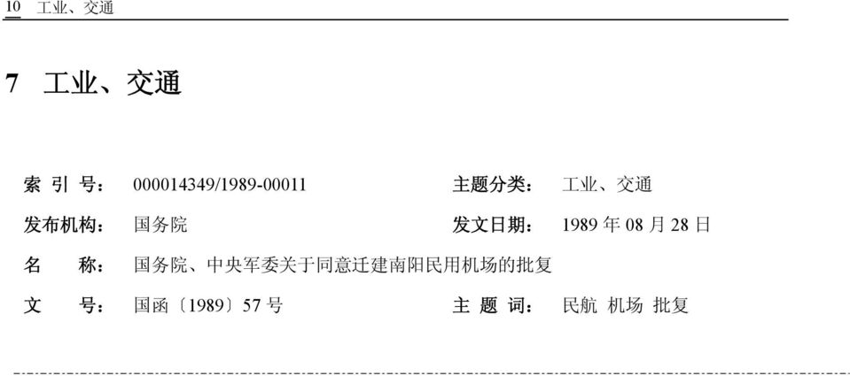 年 08 月 28 日 名 称 : 国 务 院 中 央 军 委 关 于 同 意 迁 建 南 阳 民