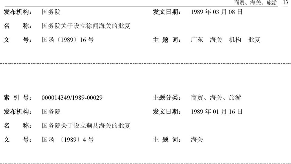000014349/1989-00029 主 题 分 类 : 商 贸 海 关 旅 游 发 布 机 构 : 国 务 院 发 文 日 期 : 1989