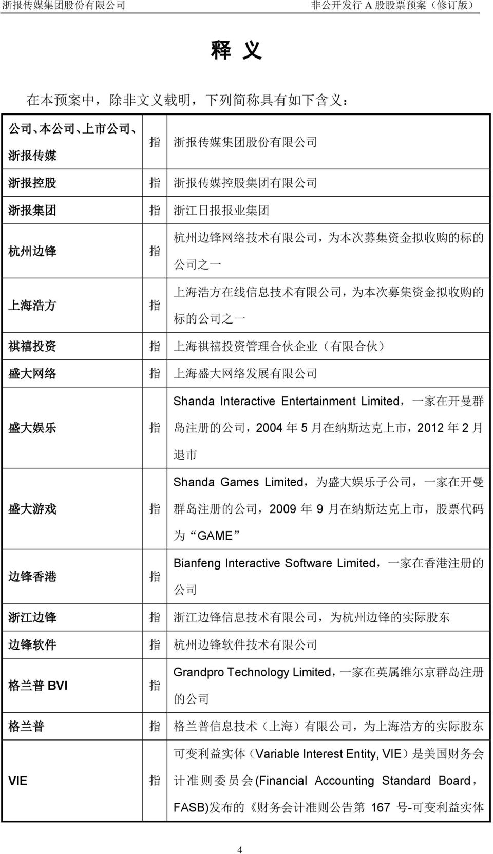 边 锋 香 港 指 指 指 Shanda Interactive Entertainment Limited, 一 家 在 开 曼 群 岛 注 册 的 公 司,2004 年 5 月 在 纳 斯 达 克 上 市,2012 年 2 月 退 市 Shanda Games Limited, 为 盛 大 娱 乐 子 公 司, 一 家 在 开 曼 群 岛 注 册 的 公 司,2009 年 9 月 在 纳 斯