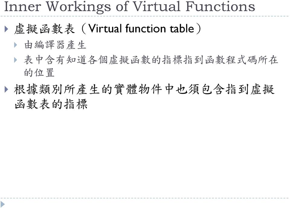 道 各 個 虛 擬 函 數 的 指 標 指 到 函 數 程 式 碼 所 在 的 位 置 根 據