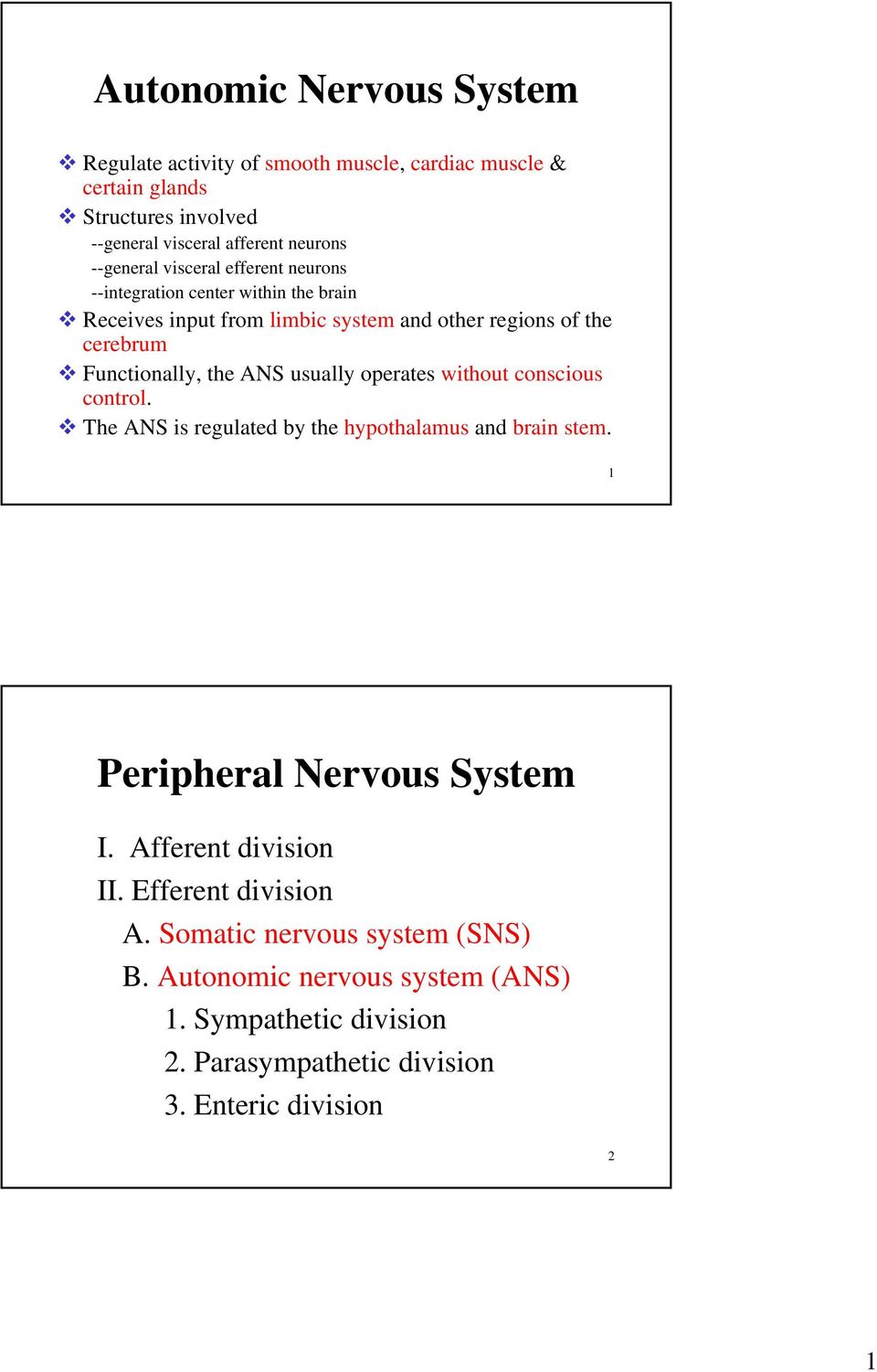 the ANS usually operates without conscious control. The ANS is regulated by the hypothalamus and brain stem. 1 Peripheral Nervous System I.