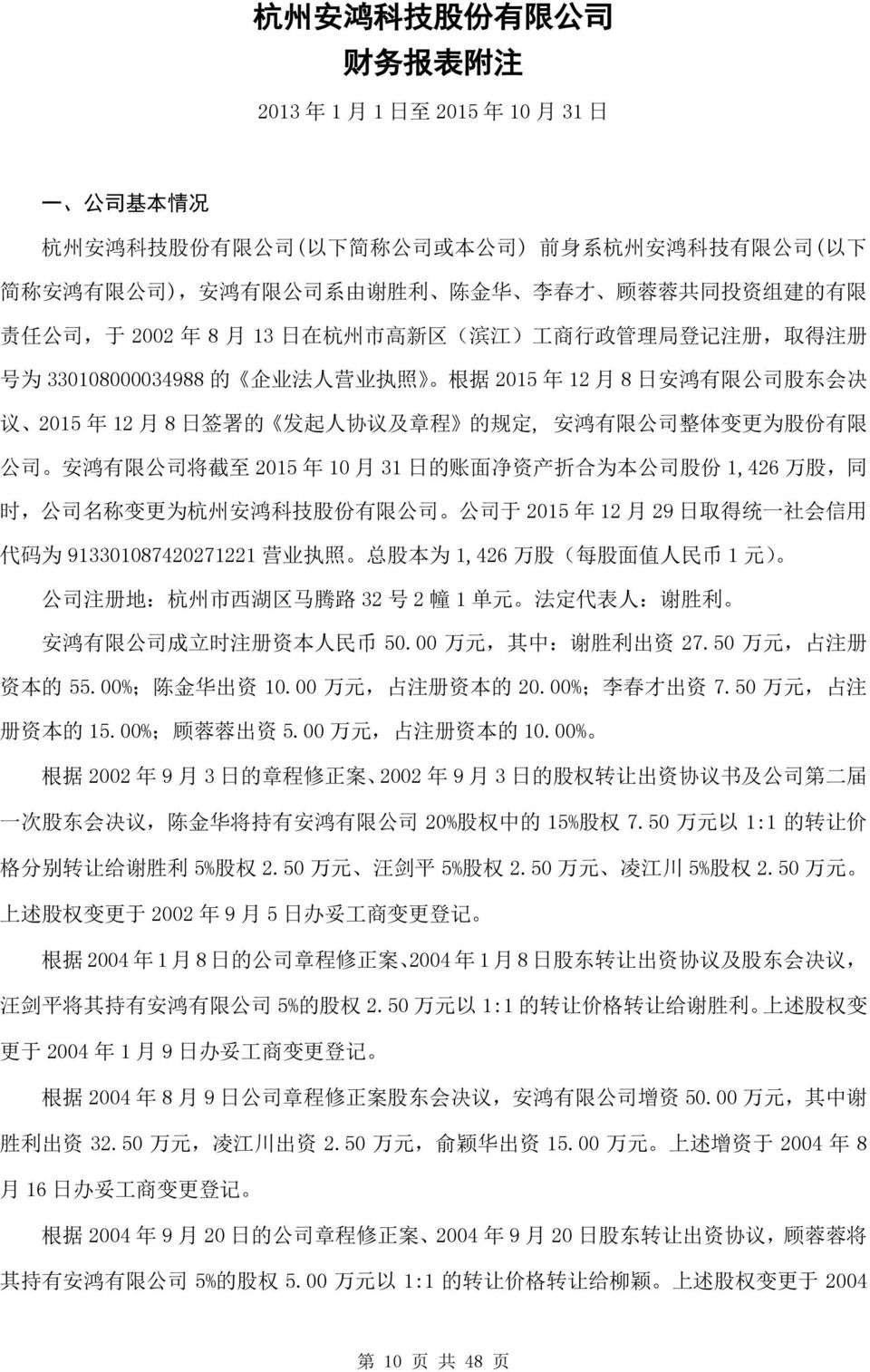 议 2015 年 12 月 8 日 签 署 的 发 起 人 协 议 及 章 程 的 规 定, 安 鸿 有 限 公 司 整 体 变 更 为 股 份 有 限 公 司 安 鸿 有 限 公 司 将 截 至 2015 年 10 月 31 日 的 账 面 净 资 产 折 合 为 本 公 司 股 份 1,426 万 股, 同 时, 公 司 名 称 变 更 为 杭 州 安 鸿 科 技 股 份 有 限 公 司 公