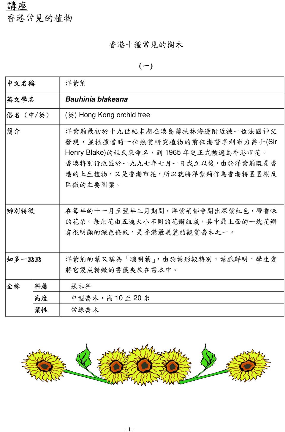 是 香 港 市 花, 所 以 就 將 洋 紫 荊 作 為 香 港 特 區 區 旗 及 區 徽 的 主 要 圖 案 辨 別 特 徵 在 每 年 的 十 一 月 至 翌 年 三 月 期 間, 洋 紫 荊 都 會 開 出 深 紫 紅 色, 帶 香 味 的 花 朵 每 朵 花 由 五 塊 大 小 不 同 的 花 瓣 組 成, 其 中 最 上 面 的 一 塊 花 瓣 有 很 明