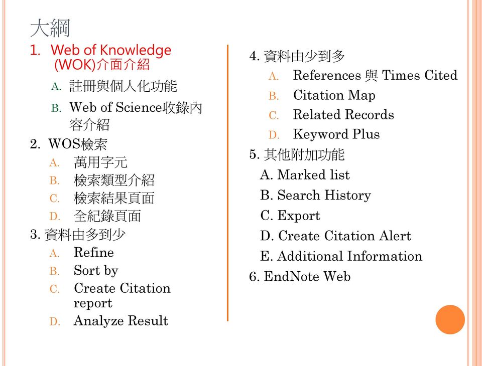 Analyze Result 4. 資 料 由 少 到 多 A. References 與 Times Cited B. Citation Map C. Related Records D. Keyword Plus 5.