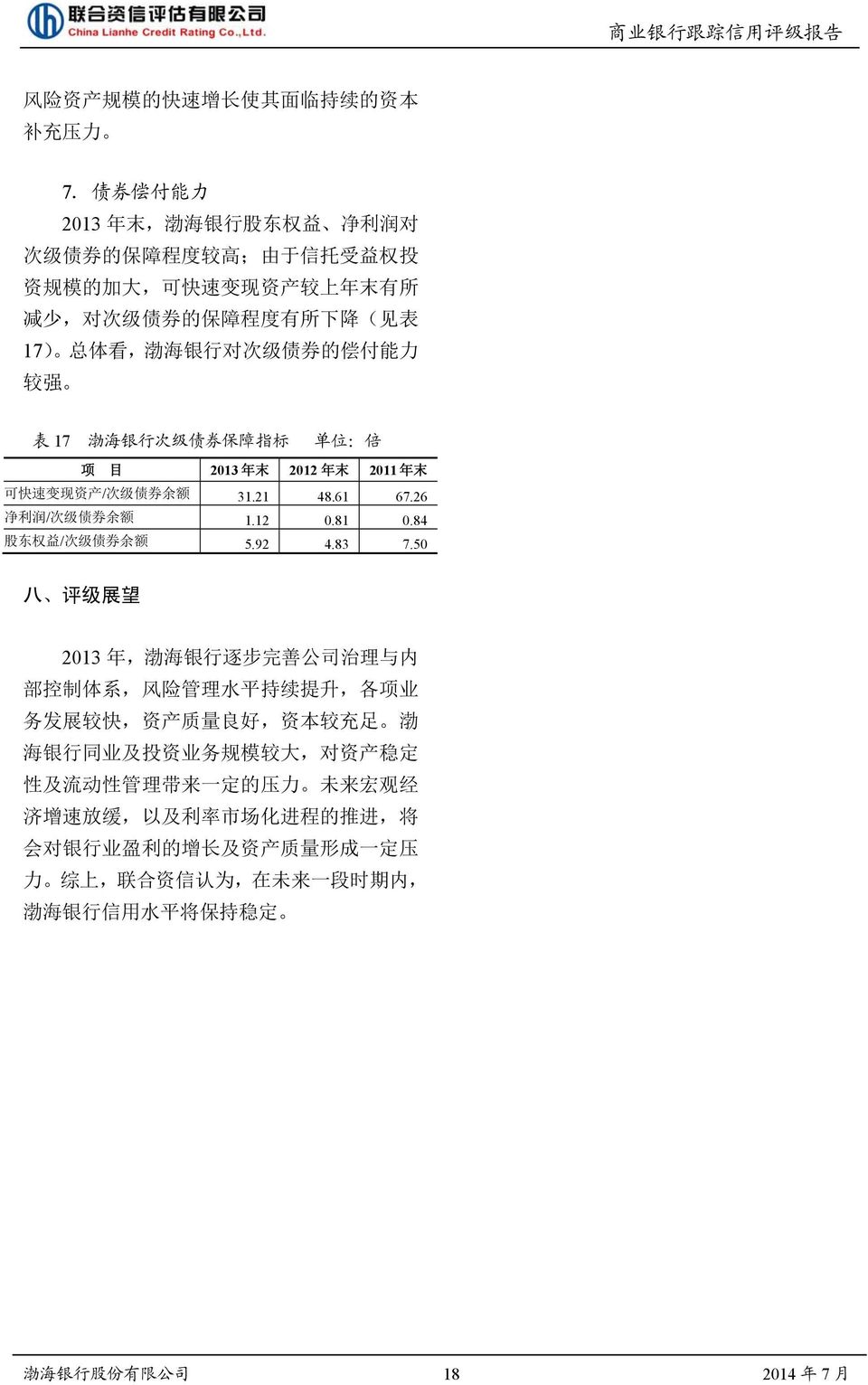 能 力 较 强 表 17 渤 海 银 行 次 级 债 券 保 障 指 标 单 位 : 倍 项 目 2013 年 末 2012 年 末 2011 年 末 可 快 速 变 现 资 产 / 次 级 债 券 余 额 31.21 48.61 67.26 净 利 润 / 次 级 债 券 余 额 1.12 0.81 0.84 股 东 权 益 / 次 级 债 券 余 额 5.92 4.83 7.