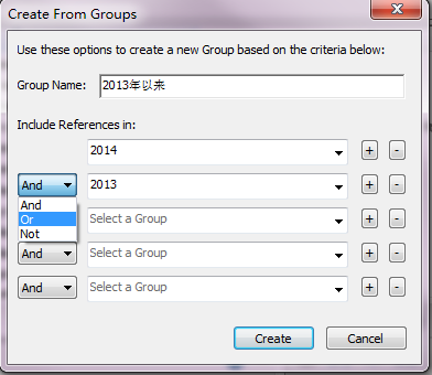 Create From Groups 可以实现多组之间的逻辑组合 AND 逻辑 ( 形成两个组交叉的文献集合
