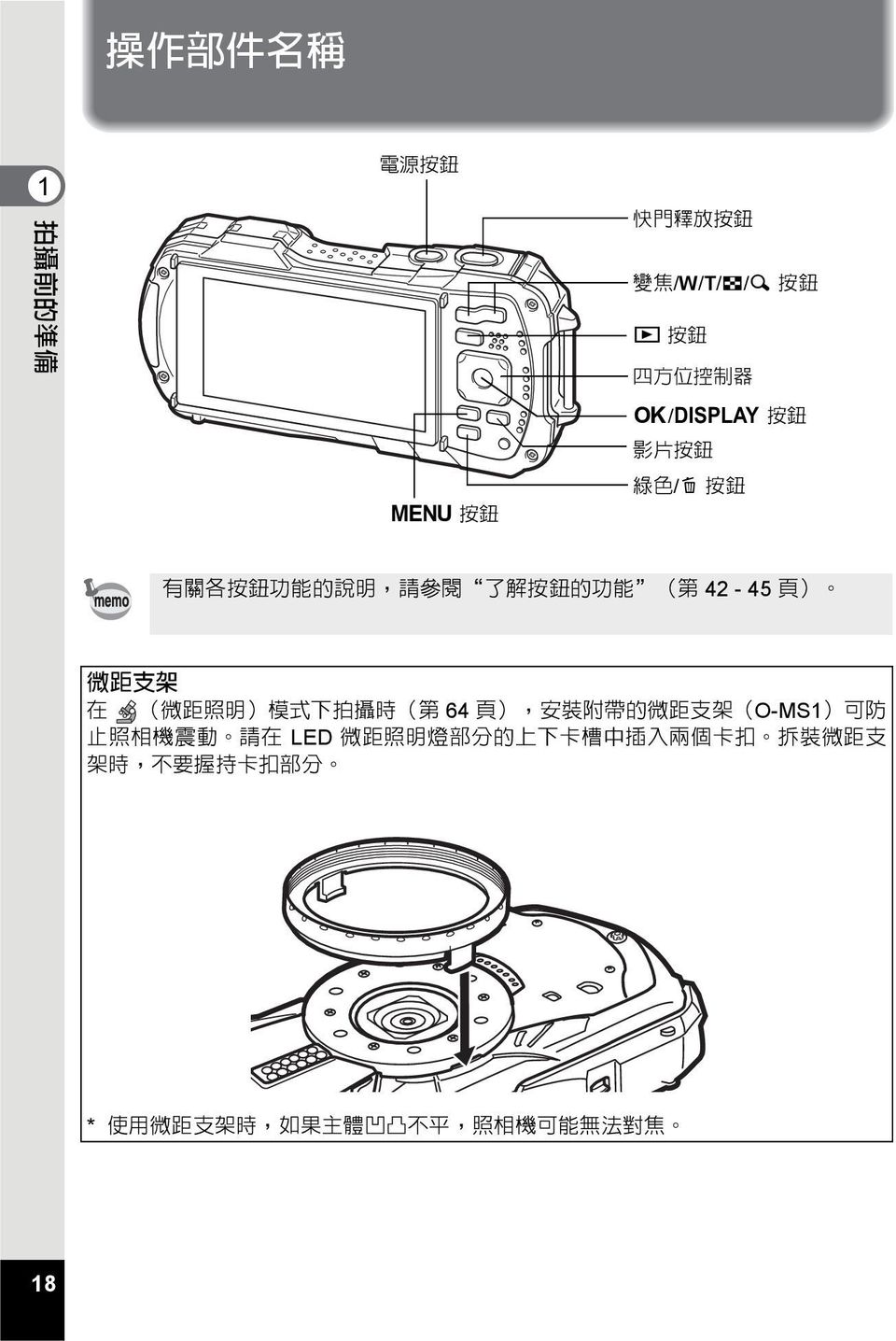 式 下 拍 攝 時 ( 第 64 頁 ), 安 裝 附 帶 的 微 距 支 架 (O-MS1) 可 防 止 照 相 機 震 動 請 在 LED 微 距 照 明 燈 部 分 的 上 下 卡 槽