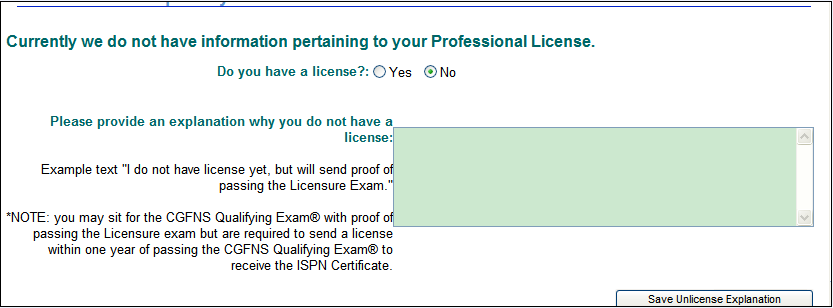 点击 No 后的步骤 : 1) 出现如下图所示的页面, 在方框中填入 I do not have license yet, but will send proof of passing the Licensure Exam,